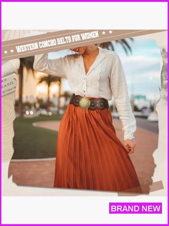 Western PU Leather Belt Wide Waist Boho Chic Cowgirl Concho Buckle Adjustable - Picture 5 of 7